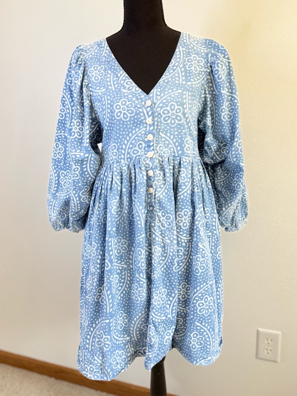 Madewell Blue Floral Empire Waist Mini Dress Puff Sleeve XS - Picture 2 of 10